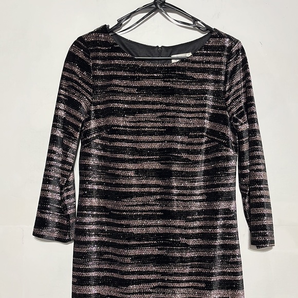 Eliza J Black Gold Sparkly Metallic 3/4 Sleeve Knee Length Cocktail Dress Size 8 - Picture 2 of 8